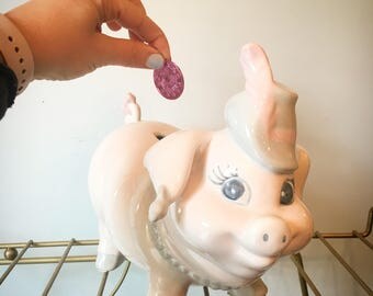 Vintage Mid Century Pale Pink Piggy Bank Pig 1950s Nursery Decor