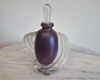 Signed Art Glass Perfume Vanity Bottle Iridescent Purple With Clear Twist Wrap Studio Blown Glass Gift