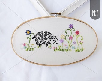 Embroidery Pattern PDF Spiral Sheep and Flowers Pattern
