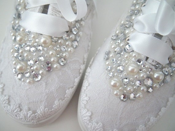 Items similar to Wedding Bridal Tennis Shoes Sneakers - chic white lace ...