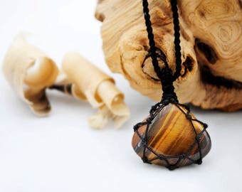 Unique Boyfriend gifts, Small guys pendant, Macrame Tiger's Eye necklace, Healing stone necklace for him, Boho jewelry for men FREE SHIPPING