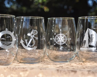 Nautical Wine Glasses Sailboat - Ships Wheel, Compass Rose, Anchor - Choose 16oz or 21oz - 2nd Side Engraved Optional