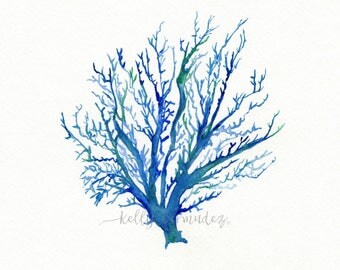 Coral watercolor, No.4 Sea Coral, Coral painting, wall art, coral art, blue coral, beach art