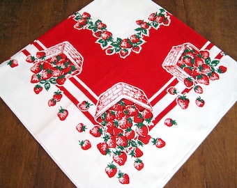 Vintage Strawberry Print Tablecloth, NOS, Strawberry Baskets Overflowing, Vivid Red, White, Green, Unused, MINT