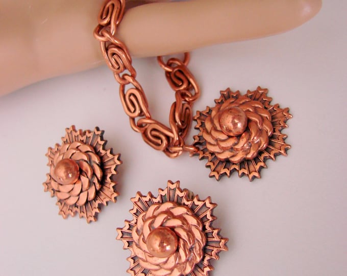 Retro Solid Copper Abstrct Sun/Moon Demi Parure / Bracelet / Clip Earrings / Book Chain / Vintage / Jewelry / Jewellery