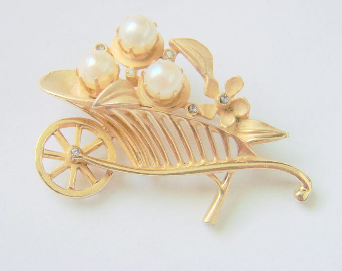 Vintage Cultured Pearl Rhinestone Flower Cart Brooch Pin / Retro Jewelry / Jewellery