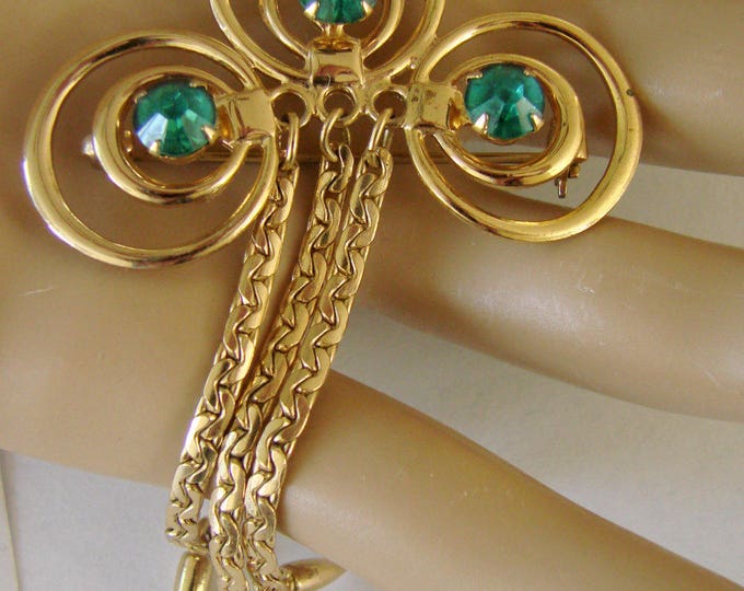 Vintage Retro Aquamarine Rhinestone Tassel Brooch Jewelry Jewellery