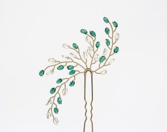 699_Crystal hair jewelry, Emerald green hair pins, White crystals hair accessory, Crystal hair jewelry, Bridal hair pins, Jewelry hair pin