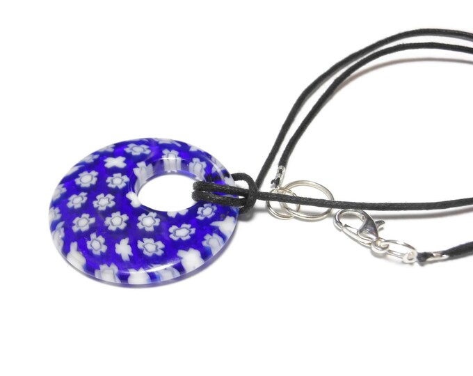 FREE SHIPPING Millefiori glass pendant, 30mm round blue background, white flowers, round go-go on black cord, silver plated findings