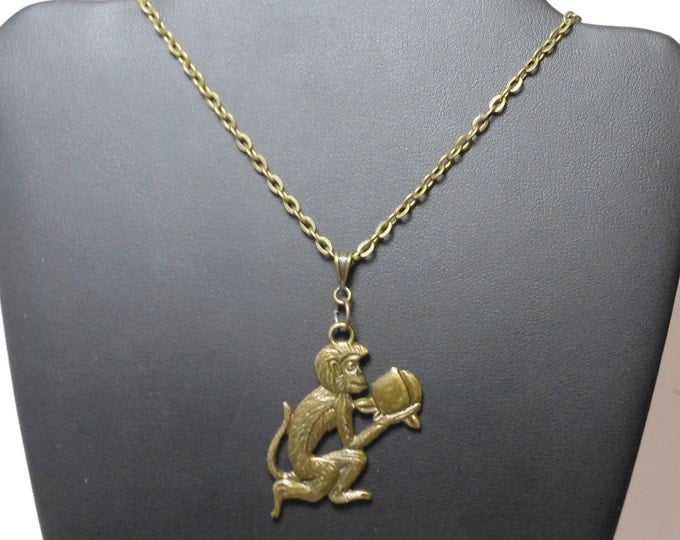 FREE SHIPPING Antiqued brass monkey necklace, bronze link chain, simple fun necklace, year of the monkey