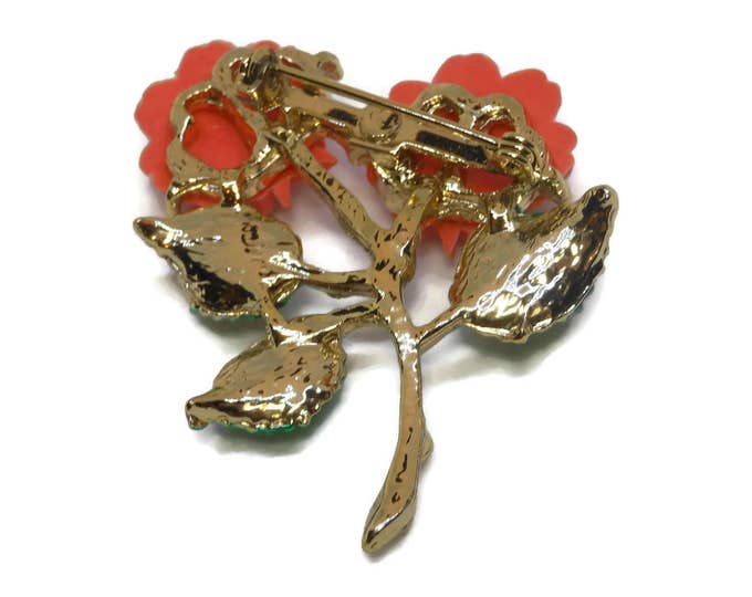 FREE SHIPPING Coral rose brooch, enamel coral roses, enamel, gold tone stem with green enamel leaves, orange pin 1960's