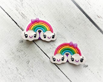 Rainbow hair clip Kawaii Embroidered Felt Hair Clippies with tiny rhinestone Bows. Pick one or two. Pick Left side or Right.