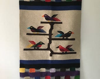 colorful mid century peruvian woven wall hanging. neon woven bird wall tapestry. tribal aztec wall decor wall hanging. boho wall hanging