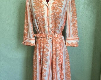 1950s Orange and White Floral Shirtwaist dress sz m