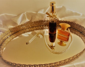 Oval vintage gold vanity tray, filigree mirror, jewelry tray, perfume tray