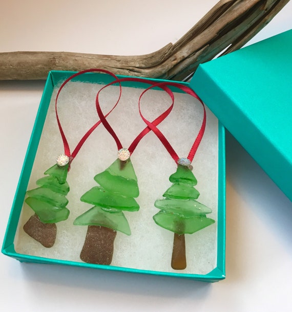 Set of 3 Sea Glass Christmas ornaments handcrafted from