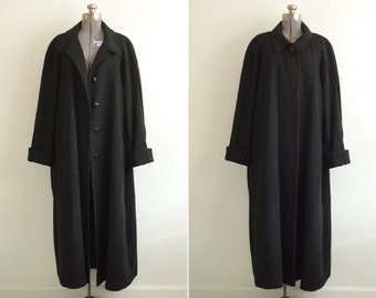 1980s Fleurette Saks 5th Avenue Camel Hair Collection Black Long Overcoat | ILGWU Made in the USA