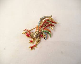 Colorful Damascene Rooster Pin, Signed Spain