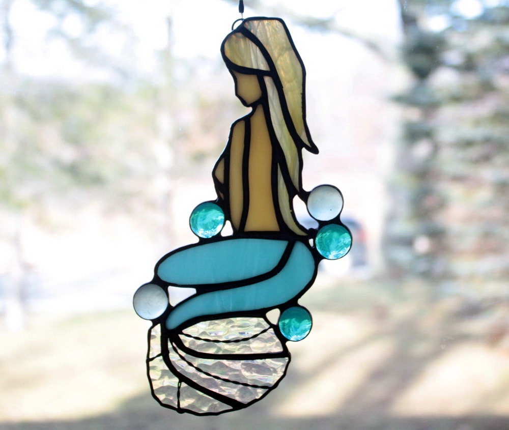 Stained Glass Mermaid Suncatcher Blonde Beach Decor By BerlinGlass