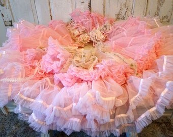 Pink skirting for shabby cottage chic vanities tables tattered lace on ruffled hand dyed sheer fabric w/roses home decor anita spero design