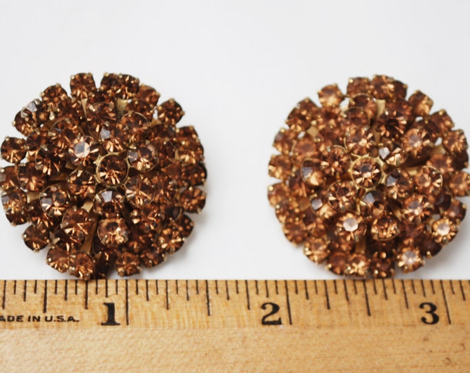 Weiss Rhinestone Earrings - Brown Orange Crystal - Gold tone - domed Round - clip on earrings