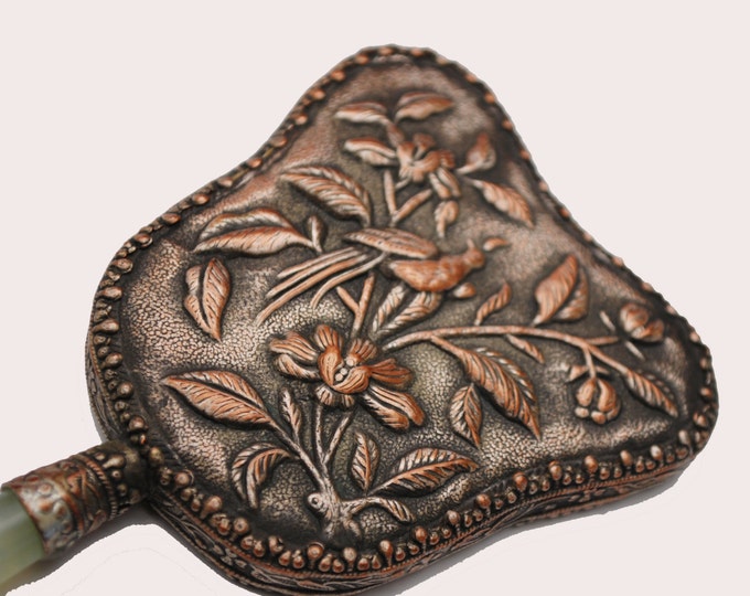Flower Hand Mirror - Copper plated metal - Jade Green Glass Handle - Floral bird design - Vintage Vanity accessory