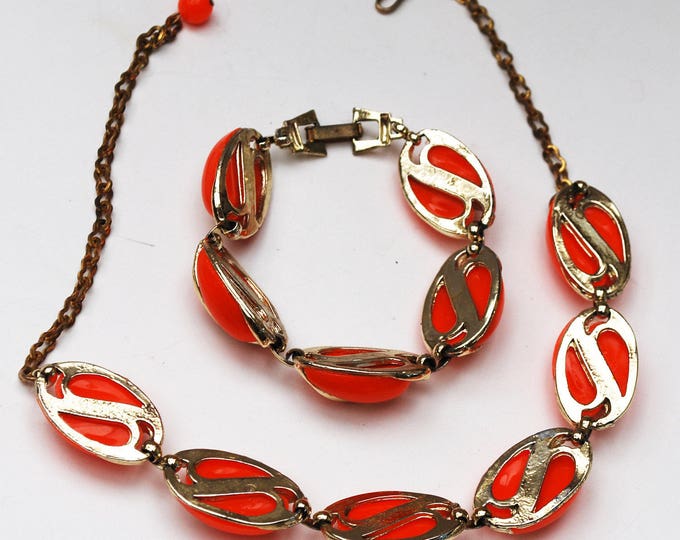 Neon Orange Thermoset Necklace Bracelet set - light gold metal - Mid Century -