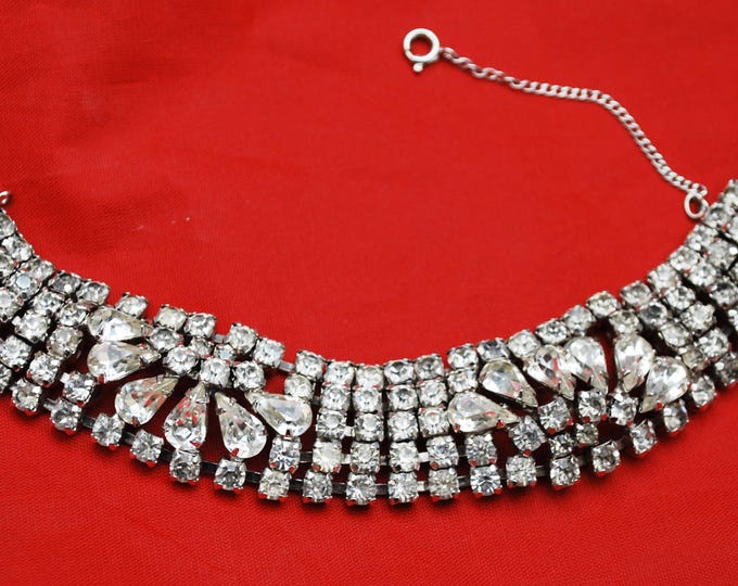 Dorians Rhinestone Bracelet - wide mid five row clear stones - silver setting - Mid Century 1958 Glamour Bling