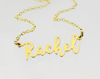 Classic Name Necklace, Gold Rachel Necklace, Custom Gold Name Plate Necklace, Personalized Name Necklace, Cut Name Necklace, Script Name