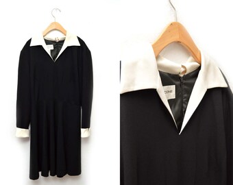 90s Black White Collar Dress Women's 12 Large Wednesday Addams