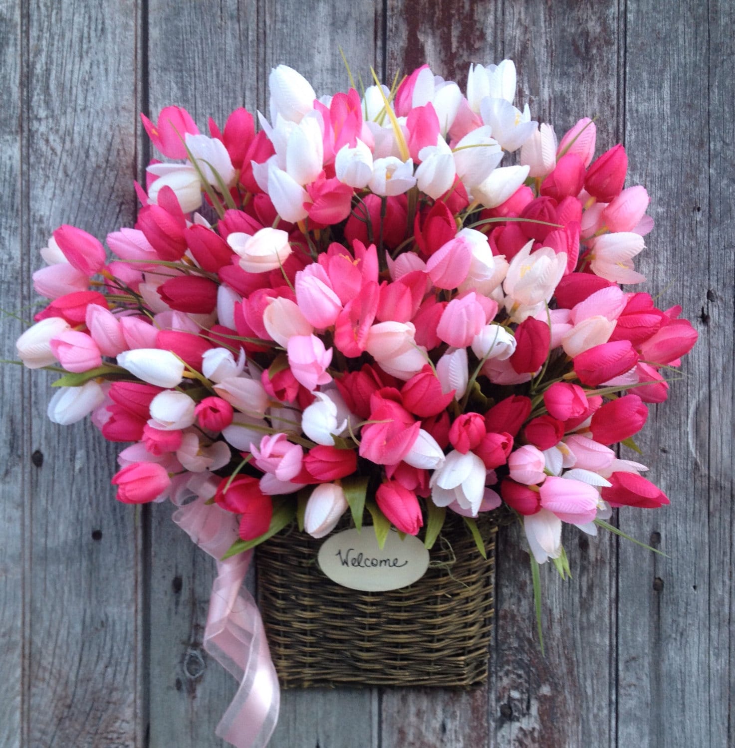 Pink Tulip Basket Spring Door Basket Summer Front Door