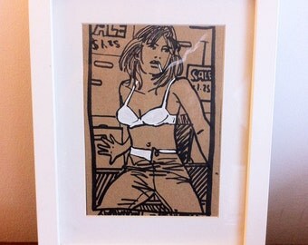 Dessin original vintage, original vintage artwork, erotic sexy girl fille sur carton/kraft
