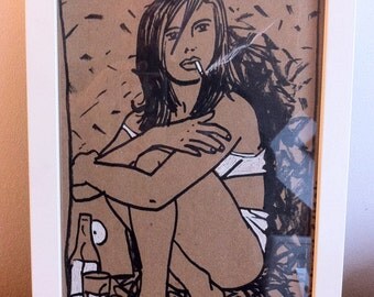 Dessin original vintage, original vintage artwork, erotic sexy girl fille sur kraft/cardboard
