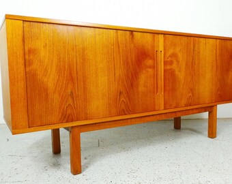 mid century Danish modern teak long low credenza sideboard with tambour doors