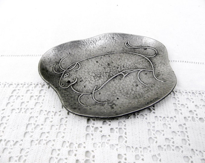 Vintage French Mid Century Modern Cast Pewter Dish / Ashtray From the Pyrenees Image of Prehistoric Bison, Signed, Cave Drawings, Lascaux