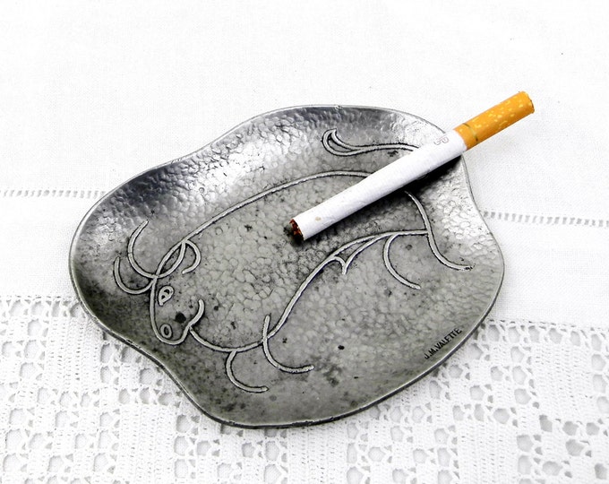 Vintage French Mid Century Modern Cast Pewter Dish / Ashtray From the Pyrenees Image of Prehistoric Bison, Signed, Cave Drawings, Lascaux