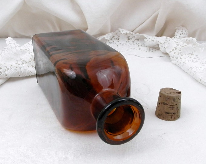 Large Square Antique French Amber Apothecary Glass Bottle with a Cork Stopper, Country Decor, Chemist, Pharmacy, Brocante, Vintage Style