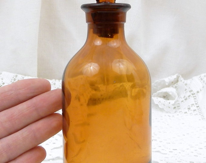 Antique French Amber Glass Medicine Apothecary Bottle with Glass Stopper, French Country Decor, Retro Parisian Chemist Pharmacy Decor France