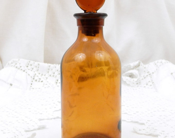 Antique French Amber Glass Medicine Apothecary Bottle with Glass Stopper, French Country Decor, Retro Parisian Chemist Pharmacy Decor France