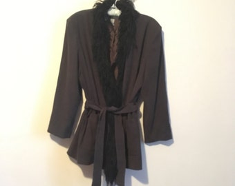 90s fur collar slouchy coat, short trench coat, medium large - vintage -
