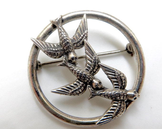 Sterling Silver Bird Brooch, Three Swallows Pin, Vintage Bird Jewelry