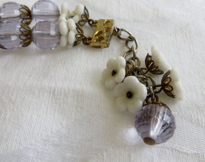 Vintage Hobe Bracelet, Double Strand, Amethyst Lucite, Rhinestone Rondelles, Milk Glass Flowers