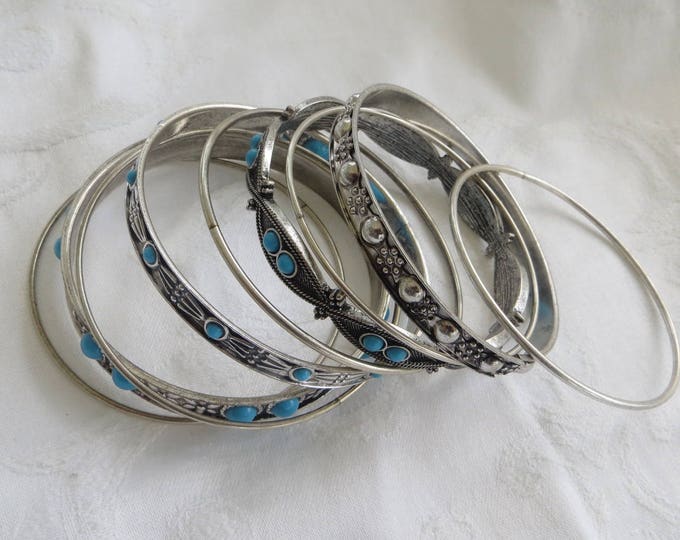 Vintage Bangle Bracelet Lot of 9, Silver Turquoise Stacking Bracelets, Boho Bangles, Festival Bracelets