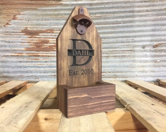 Personalized Rustic wooden bottle opener beer cap catcher cast iron gift groomsman, father's day, wall mounted rustic, beer, bottle, wedding