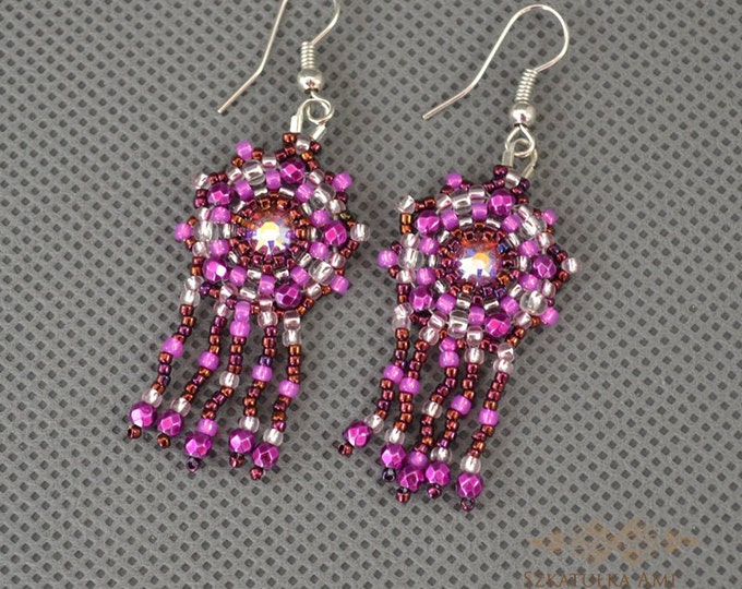 Purple and pink crystal earrings with small glass beads hand woven crystal swarovski earrings boho fringe light medium long silver hooks