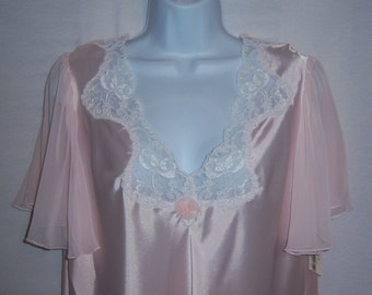 Vintage Miss Elaine Pink Ivory Satin Lace Nightgown Chemise Gown Peignoir Large Sleep NOS Deadstock NWT