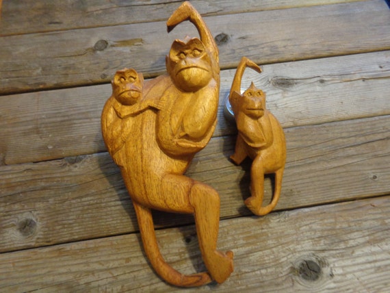 Vintage Wooden Hanging Monkeys Hand Carved 2 Piece Set