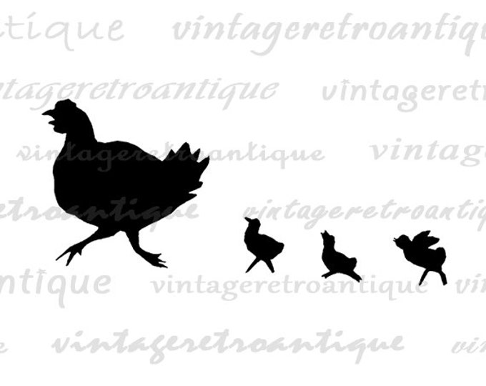 Chicken with Chicks Silhouette Printable Digital Image Graphic Download Antique Clip Art for Transfers etc HQ 300dpi No.3328