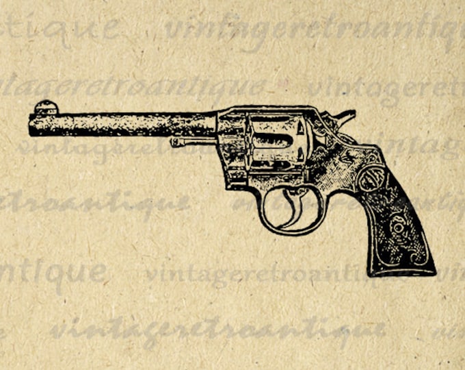 Printable Digital Gun Revolver Graphic Western Image Illustration Download Vintage Clip Art Jpg Png Eps HQ 300dpi No.1582