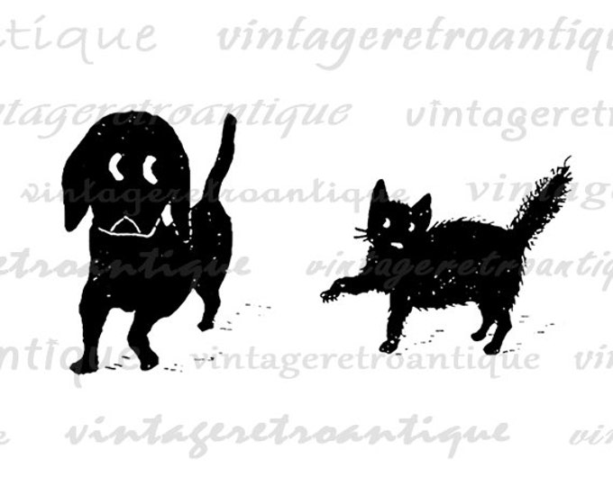 Cat and Dog Printable Graphic Download Illustrated Digital Image Vintage Clip Art Jpg Png Eps HQ 300dpi No.3419